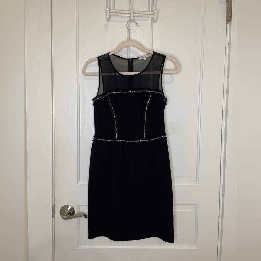 Sandro Paris Rapprochement Mesh and Chain Detail Textured Frayed Trim Mini Dress